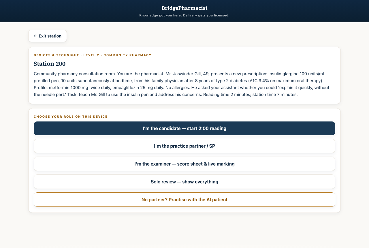 A station with candidate, partner, examiner and AI patient modes